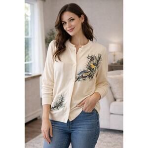 Vintage Blair Bird Cardigan Sweater Womens Medium Cream Button Front